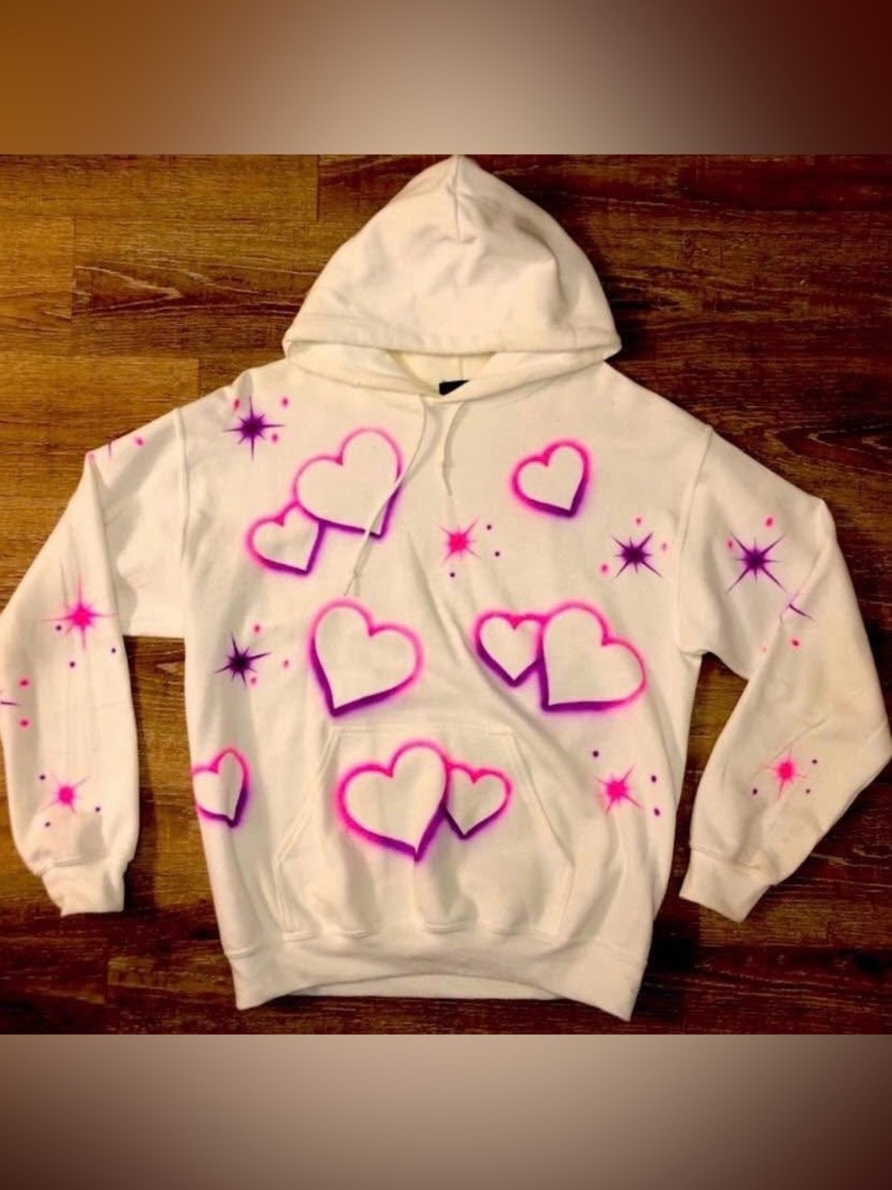 White Women's Ella loca Hoodie with Pink and purple Heart Airbrush Design